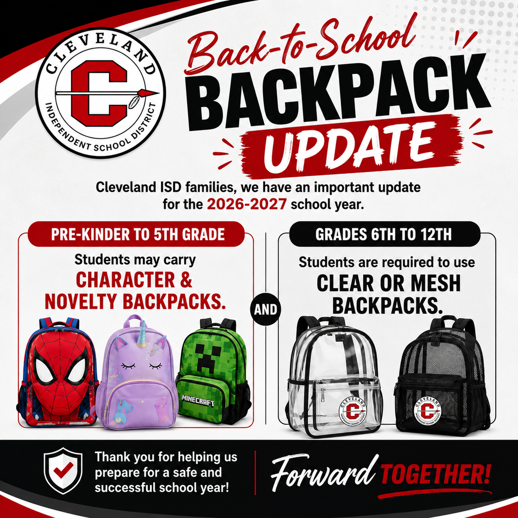 Flyer showing backpacks. Text: "Back-to-School Backpack Update". Clear or mesh backpacks required for grades 6-12.