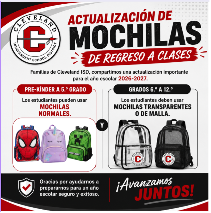 Advertisement for Cleveland ISD. It displays various backpacks and informs students about the required backpacks.