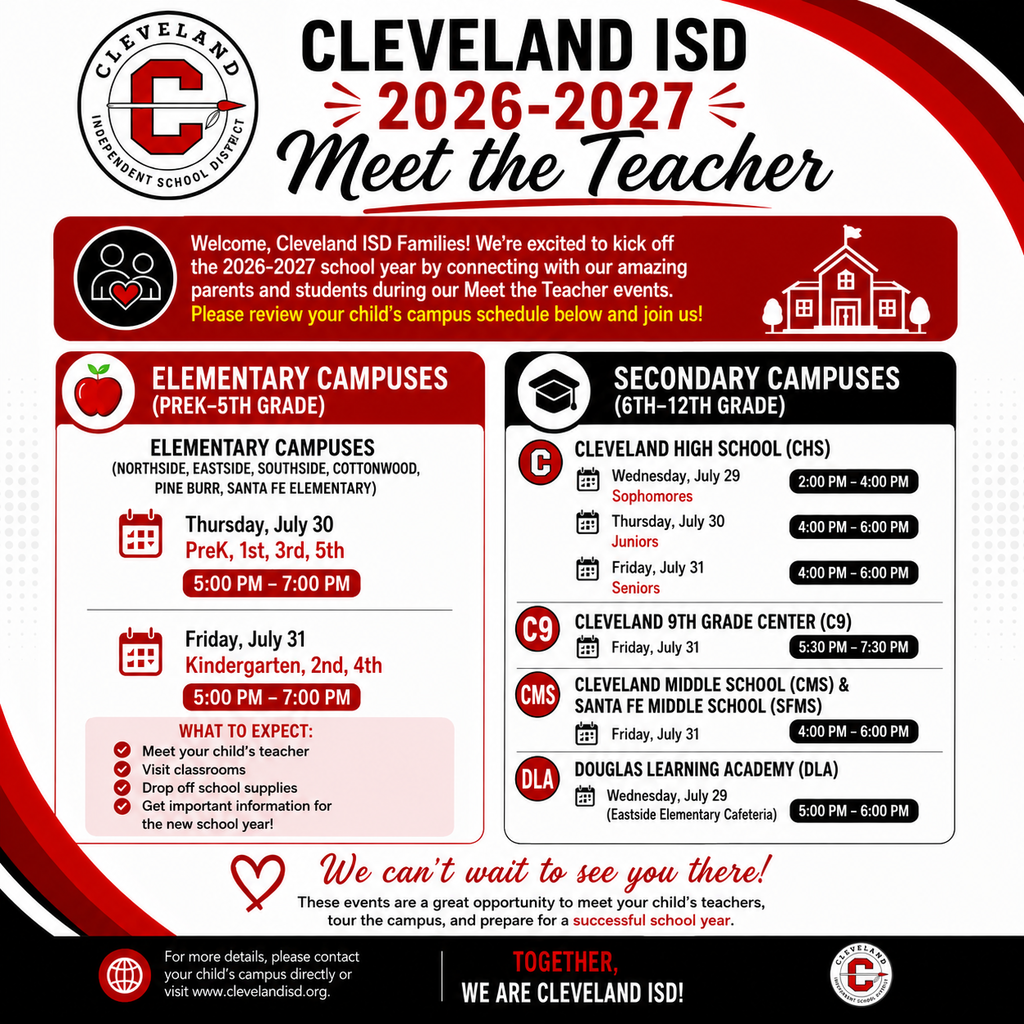Event flyer for Cleveland ISD Meet the Teacher event for 2026-2027, with dates and times.