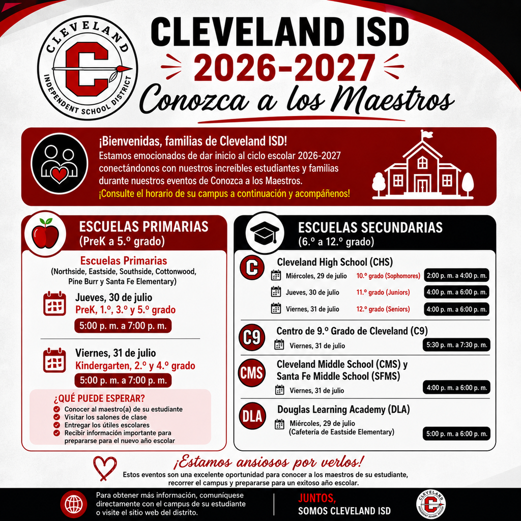 An infographic for Cleveland ISD for 2026-2027 shows elementary and secondary schools with dates and locations.