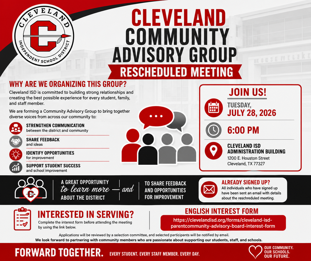 A flyer advertises a meeting by the Cleveland Community Advisory Group on July 28, 2026, at 6:00 PM.