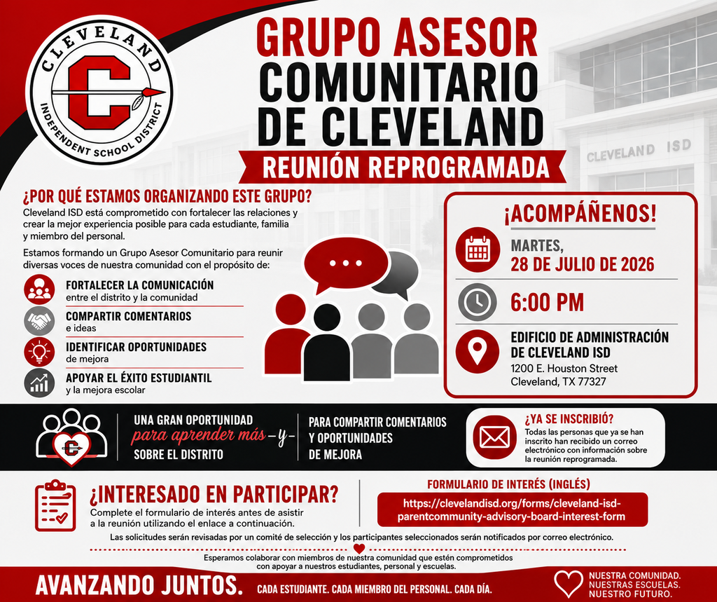 Red and white flyer with a building in the background. It contains details about a community meeting.
