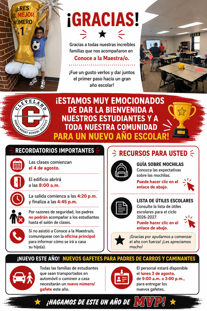 A colorful flyer with text in English and Spanish. The flyer highlights essential information for new students, including schedules, reminders, and contact details.