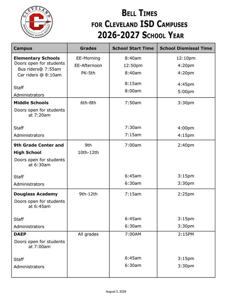 A table with a school schedule for Cleveland ISD. Information includes campus names, grades, and school start and dismissal times.