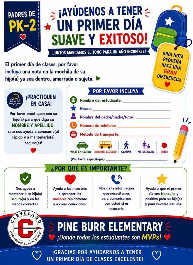 A colorful flyer lists steps for a successful first day of school, including practicing at home and gathering necessary information.