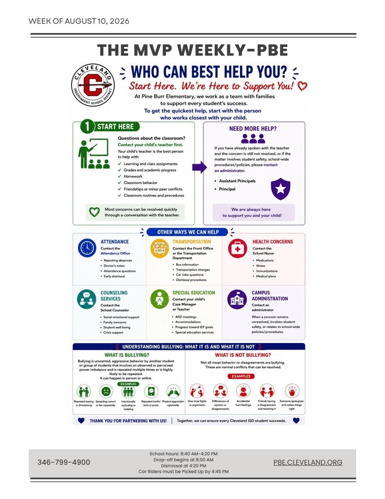 Document titled "MVP Weekly-PBE" features information about support services, including health, attendance, and special education.