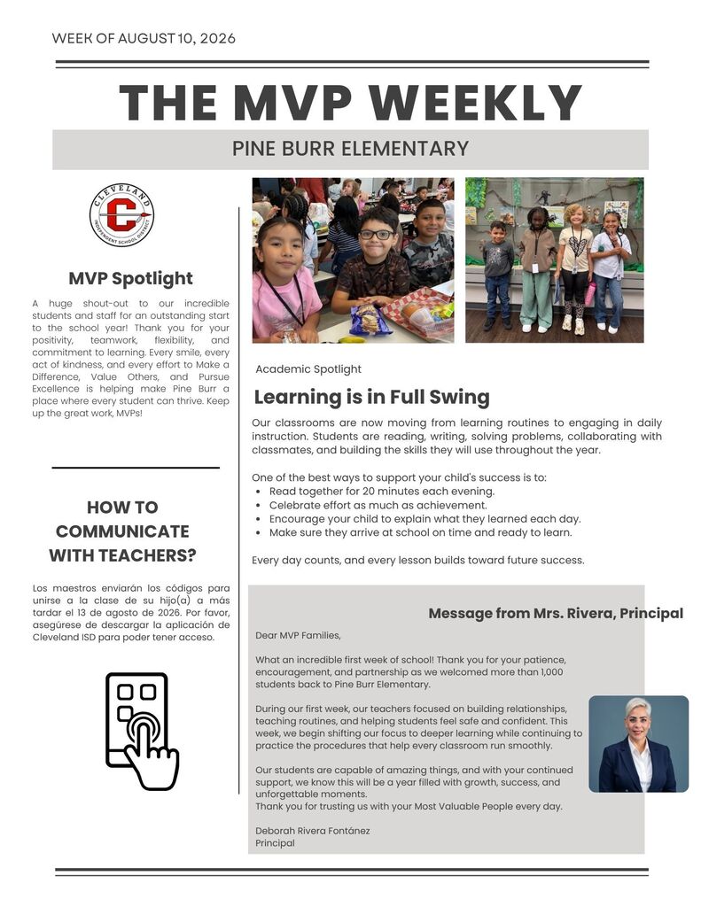 A newsletter page shows images of students, a principal, and text about learning and communication.