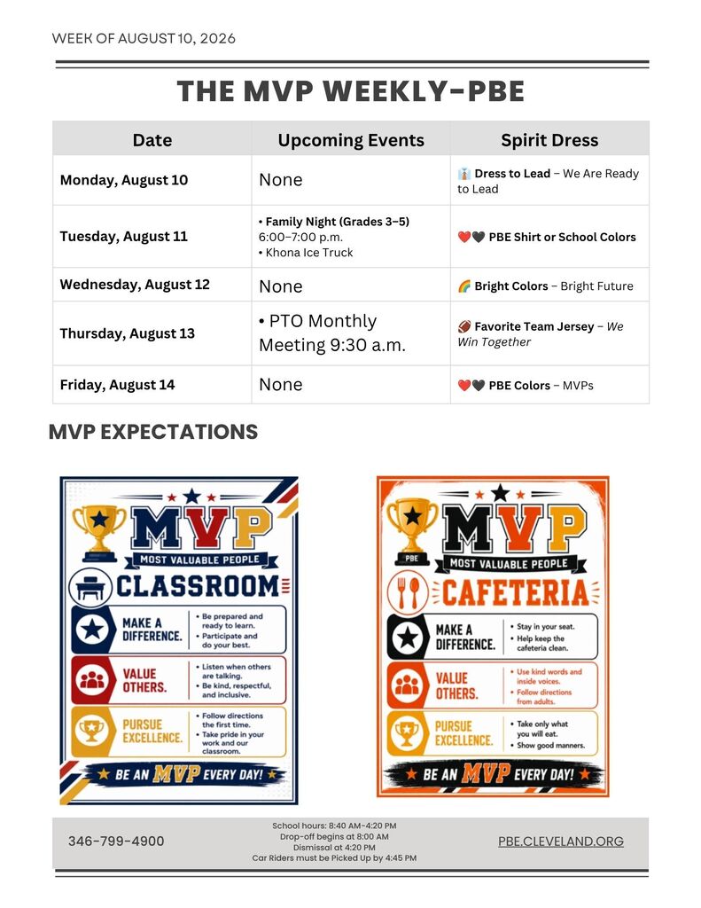 Document with MVP Weekly schedule and expectations. Dates include Monday, August 10 to Friday, August 14.