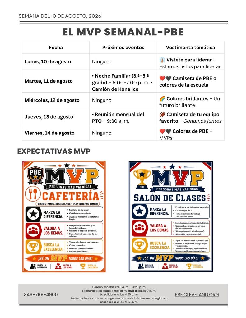 A poster with a table and two awards for MVP Cafeteria and Salon de Clases. Information about the date and event details.
