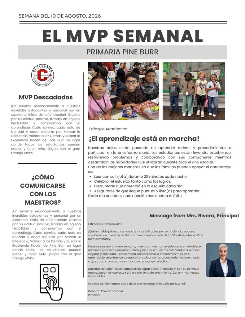 A document with bold text, photos of students, a principal's message, and a link for communication.