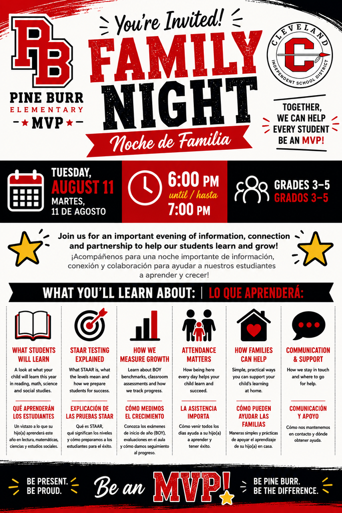 An invitation poster for Family Night. Red and black background with white and yellow text. Information on date, time, and topics.