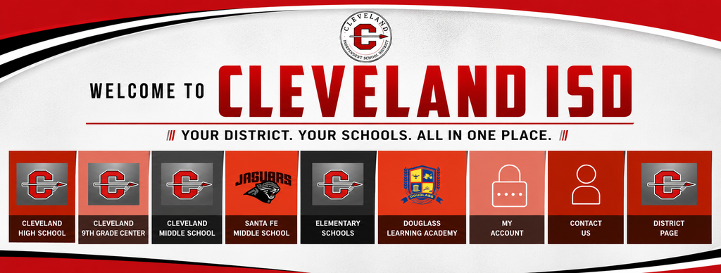 A promotional banner for Cleveland ISD with the logo, text, and icons for various services and schools.