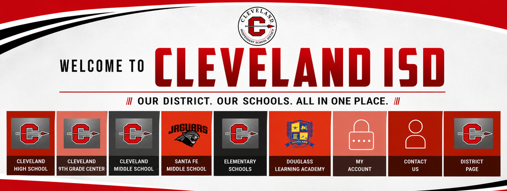 Cleveland ISD banner with school logos and text. Logos include "C" and "C" symbols. Background is white and red.