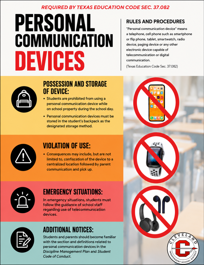 Information poster about the possession and use of personal communication devices, highlighting rules and procedures.