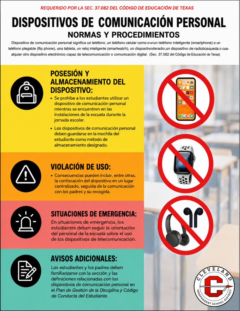 A poster with a yellow, orange, green, and blue background features text in Spanish and symbols for prohibited actions.
