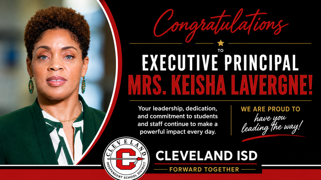 A black background features a photo of a woman wearing a green coat, with text reading "Congratulations to Executive Principal Mrs. Keisha Lavergne!"