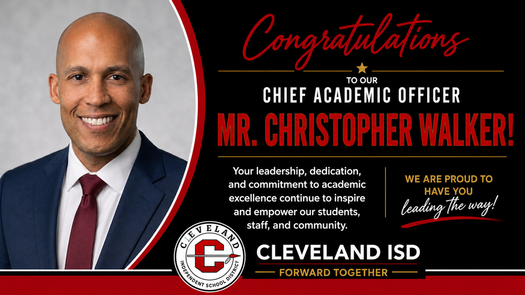 A person in a suit and tie smiles with text congratulating Mr. Christopher Walker as Chief Academic Officer.