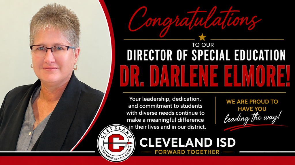 An image of a woman wearing glasses and a blazer. Text reads "Congratulations to our Director of Special Education, Dr. Darlene Elmore."