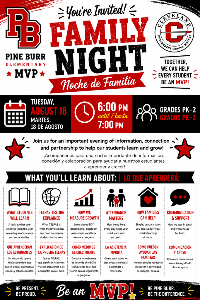 A poster for Family Night at Pine Burr Elementary, featuring a red and black color scheme, bilingual text, and icons representing topics like testing, growth, and family engagement.