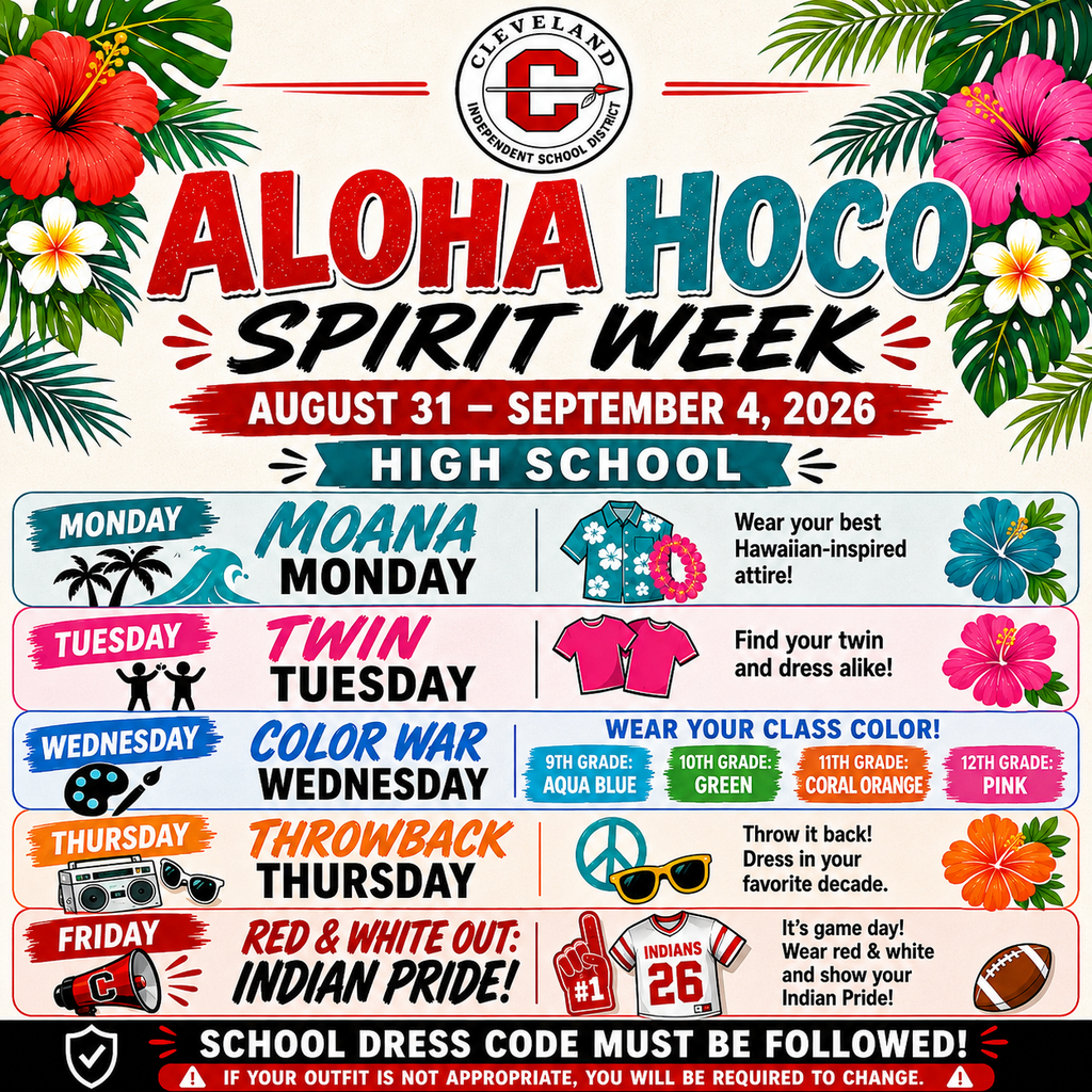 A schedule for Aloha Hoco Spirit Week on August 31-September 4, 2026, lists themed days including Moana Monday and Twin Tuesday.