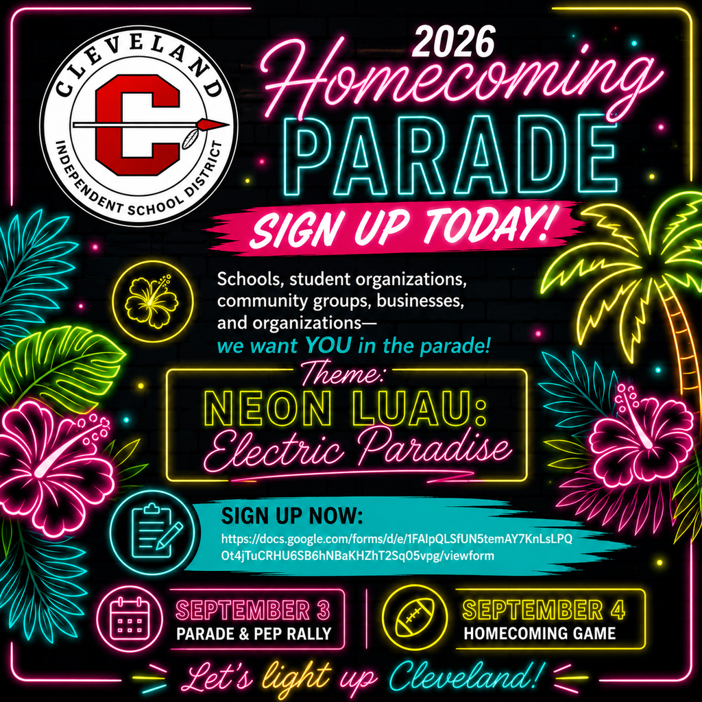 Poster with neon-themed graphics, text, and icons. It reads, "Cleveland Homecoming Parade 2026." It includes a theme: "Neon Luau: Electric Paradise."