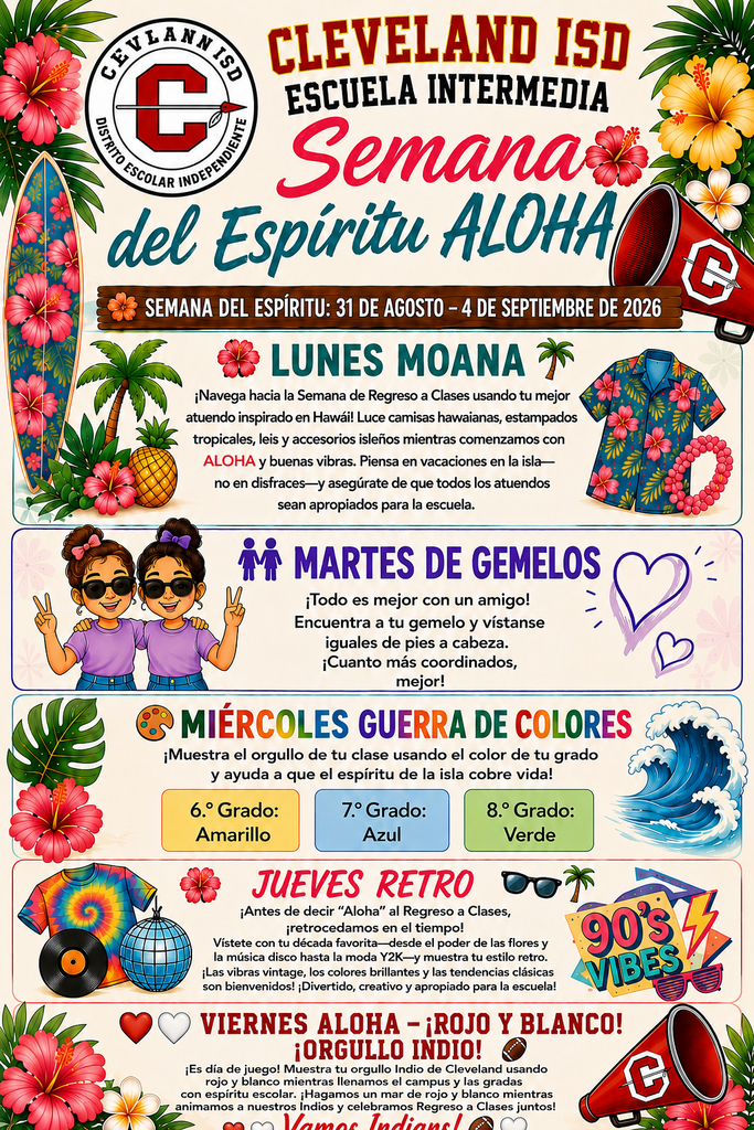 Flyer with a summer event schedule for Cleveland ISD. Colorful visuals include a pineapple, beach scene, twins, and more. Events include "Lunes Moana" and "Martes de Gemelos" from August 31 to September 4, 2023.