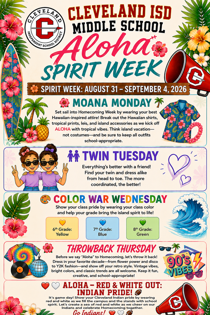 Poster for Cleveland ISD Middle School Aloha Spirit Week, August 31-September 4, 2026, with themes and dates.