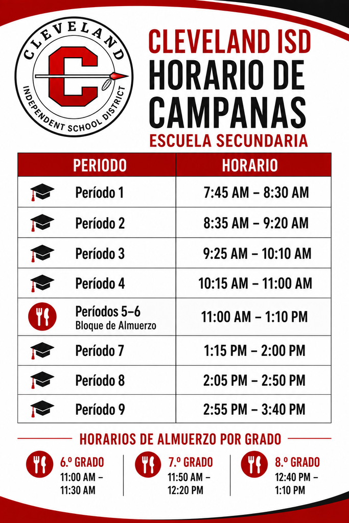 A schedule poster shows Cleveland ISD's class periods and lunch times for grades 6-8. The periods and times are listed.