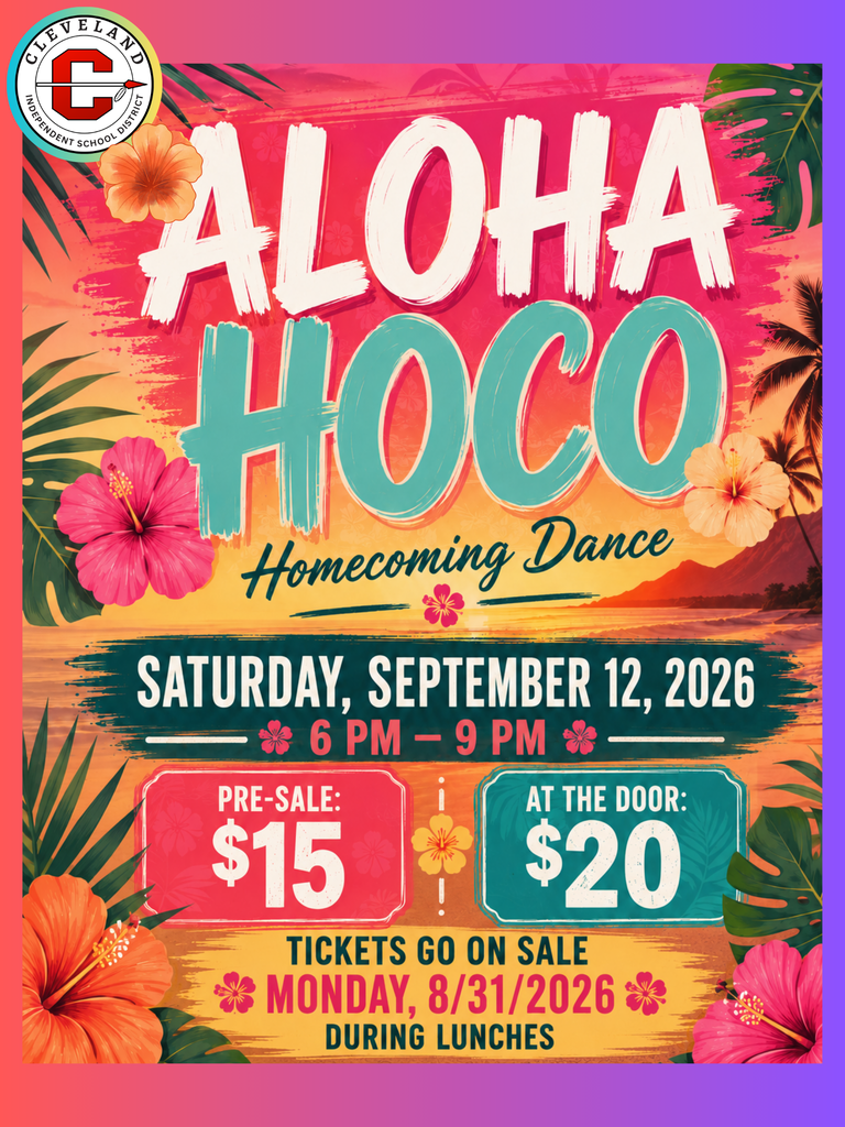 Advertisement poster with a tropical theme for the Aloha Hoco Homecoming Dance on September 12, 2026.