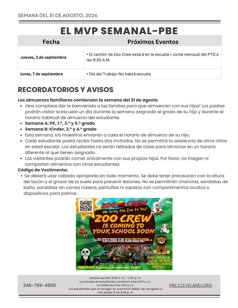 Document showing a date of August 31, 2020, titled "El MVP Semanal-PBE". It lists events, dates, and times, along with reminders about Zoo Crew.