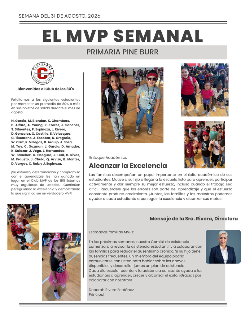 A school newsletter features a page with photos of children, one wearing a red jacket, and a headline "El MVP Semanal" at the top.