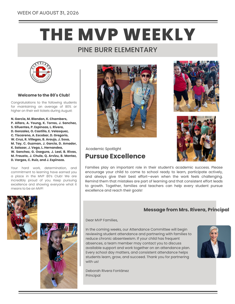 School newsletter. The header reads "The MVP Weekly Pine Burr Elementary." Photographs of children and a principal are included.