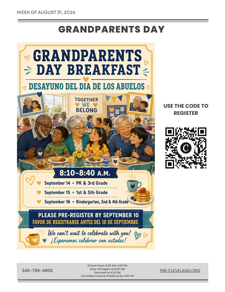 Poster for Grandparents Day Breakfast. Text in English and Spanish. Includes registration details, date, and time. QR code on the right.