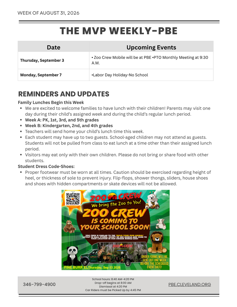 Weekly schedule and reminders from August 31, 2026, include dates, event details, and family lunch information. An advertisement for Zoo Crew is present.