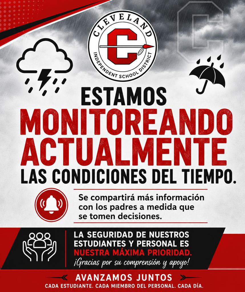 Red and black background with white text and icons. Icons include cloud with lightning, umbrella, bell, and hands. Spanish text reads "Estamos monitoreando actualmente las condiciones del tiempo."