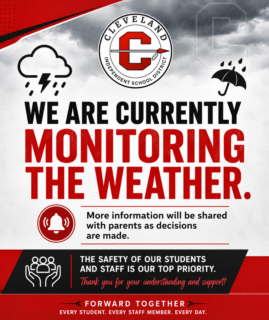 Red and white graphic with icons: lightning bolt, umbrella, bell, and hands. Text reads "We are currently monitoring the weather."