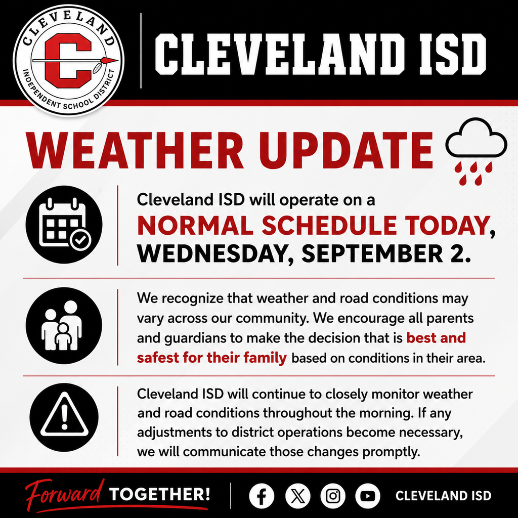 An announcement from Cleveland ISD regarding weather updates. Dated September 2, 2020. No changes to normal schedule.
