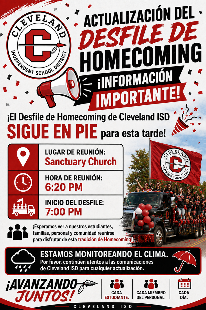 An event flyer displays a homecoming parade with a vehicle. Details include a time of 7:00 PM, location Sanctuary Church, and weather monitoring.