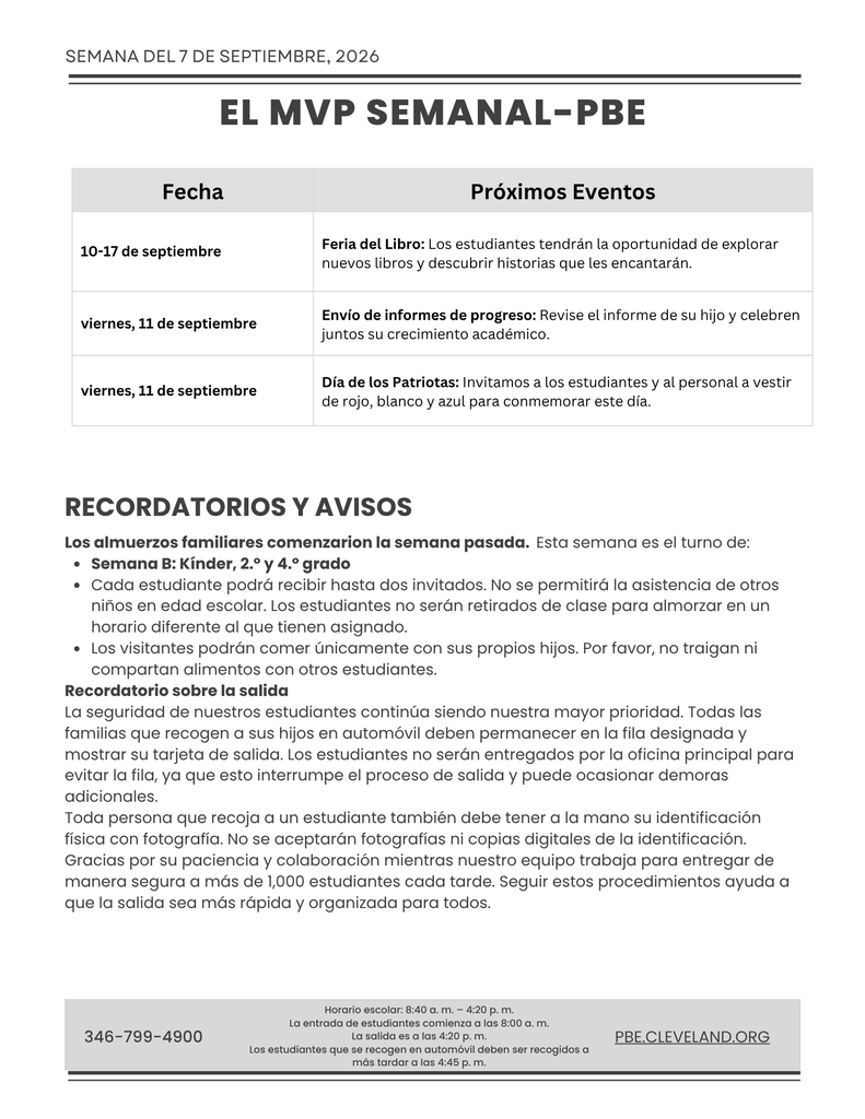 A white page with black text. The heading reads "El MVP Semanal-PBE". Below, there is a table listing dates and events.