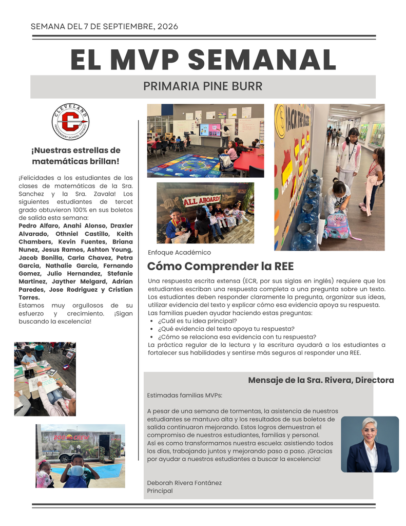 Document with heading "El MVP Semanal" showing pictures of students in classrooms. Background has a dark blue color.