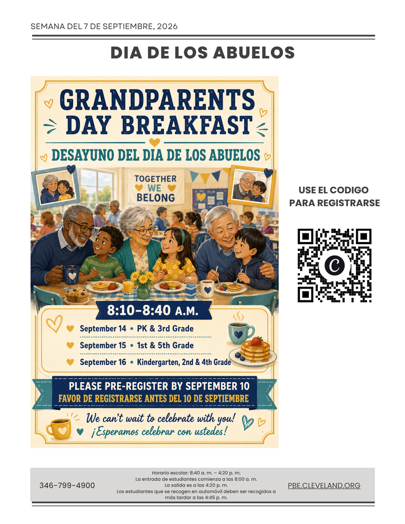 Invitation for Grandparents Day Breakfast event. Features photos of families and a QR code. Date: September 14, 2020. Time: 8:10-8:40 A.M.