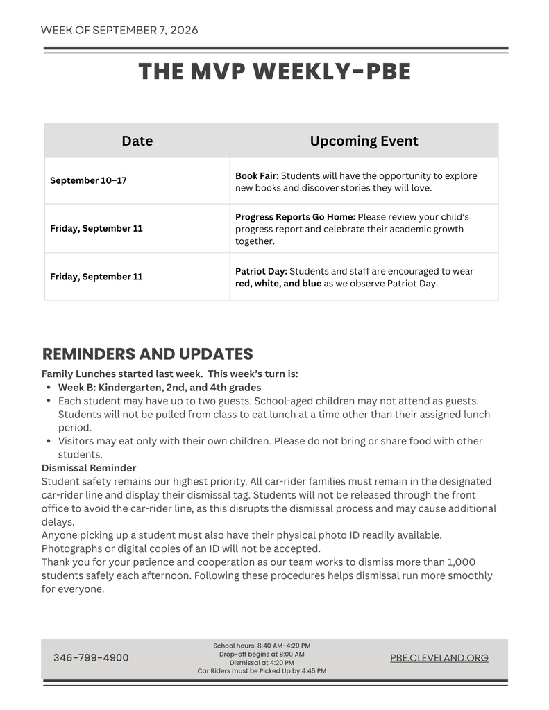 A document titled "The MVP Weekly-PBE" displays information for the week of September 7, 2023. It includes dates, upcoming events, and reminders about school activities.