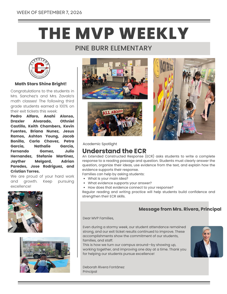 A newsletter from Pine Burr Elementary includes photos of students, a page titled "Understand the ECR", and a message from Mrs. Rivers.
