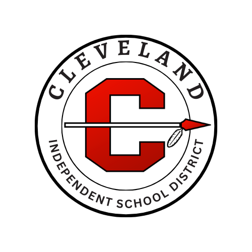 A logo for the Cleveland Independent School District with the letter C in red. A red arrow points rightward.