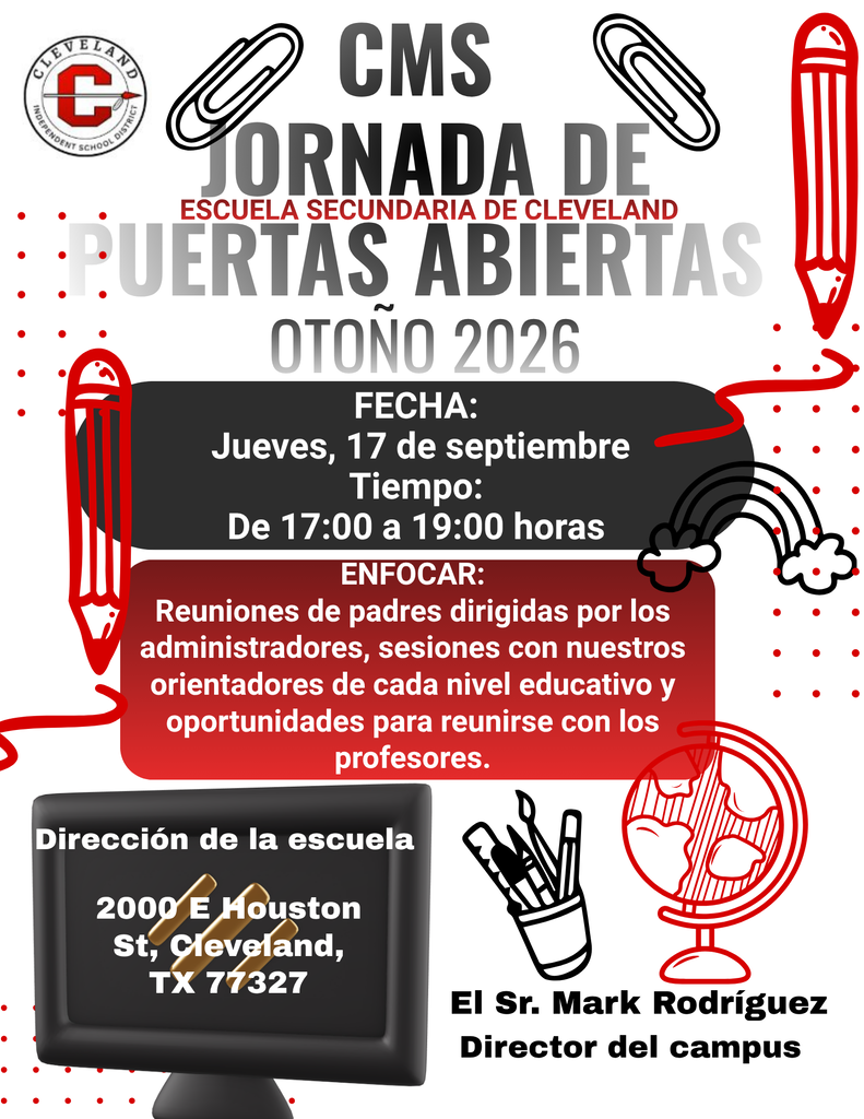 White Flyer with Red and Black Font, Accented with school symbols!
