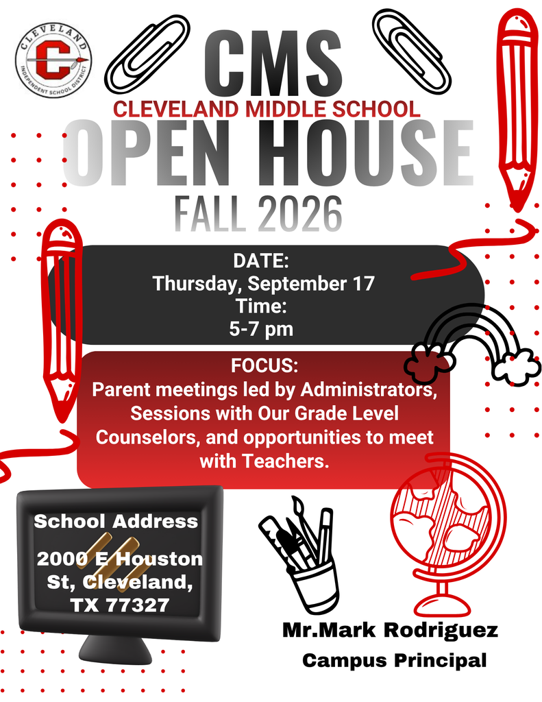 White Flyer with Red and Black Font, Accented with school symbols!