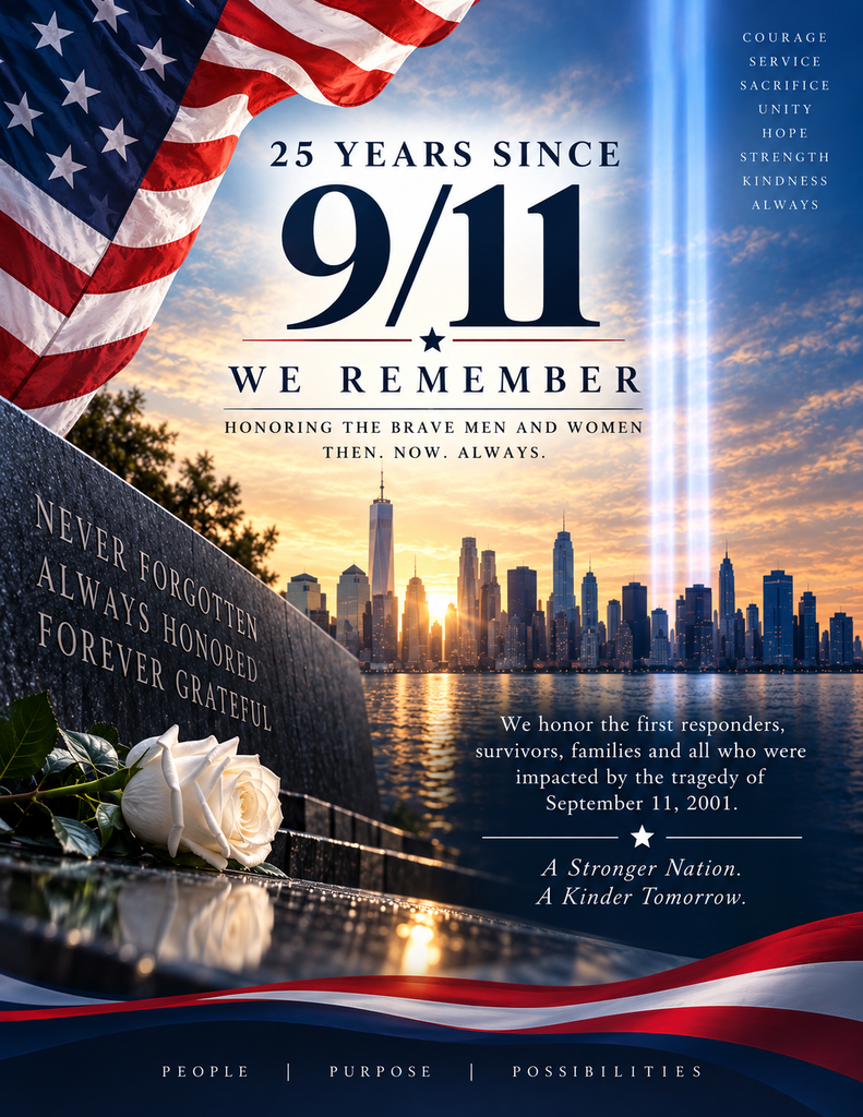 A memorial plaque with a white rose honors the 25th anniversary of 9/11. An American flag drapes over the top.