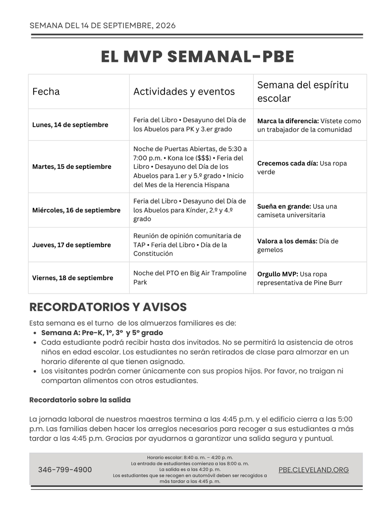 A document titled "EL MVP SEMANAL-PBE" includes sections for dates, activities, and notes. It spans from September 14 to 20, 2026.