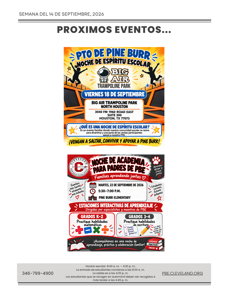 Flyers are displayed, one for PTO Pine Burr Night with a trampoline image and another for an Academy Night for Parents of Pine.