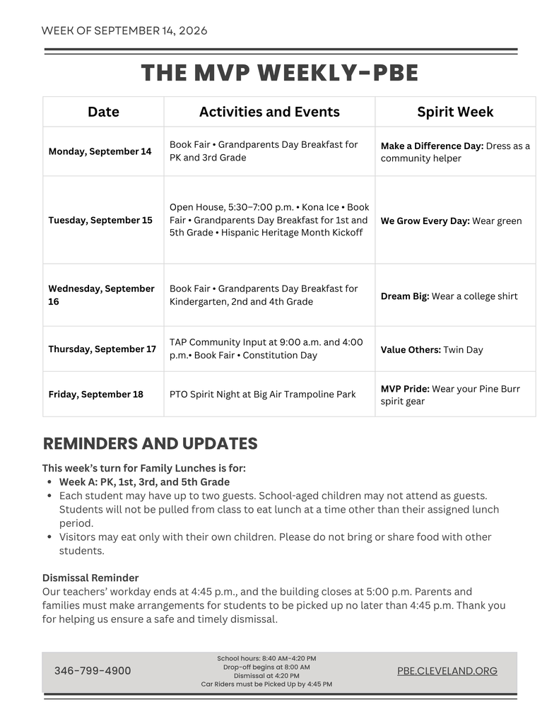 A schedule for the week of September 14, 2020. It lists activities and events for each day from Monday to Friday, including dates, times, and descriptions.